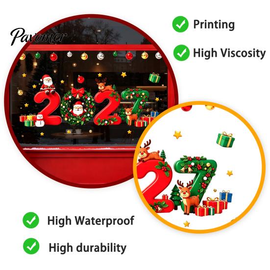 Decorative Scene Layout 2027 Christmas New Year Window Clings, Santa Reindeer Gift Ball Static for Family Decals, PVC Removable Glass Stickers