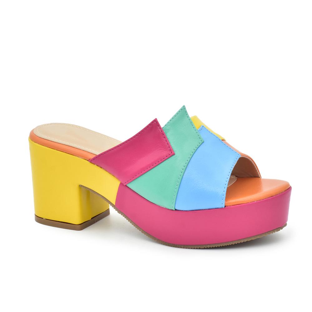 Women's Rainbow Patchwork Slip-On Chunky Heel Sandals