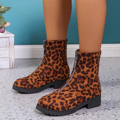 Pantofi la modă pentru femei 2024 Toamnă Cel mai recent design cu fermoar frontal Cizme cu imprimeu leopard pentru femei Modă casual Mărimi mari Cizme cu talpă groasă