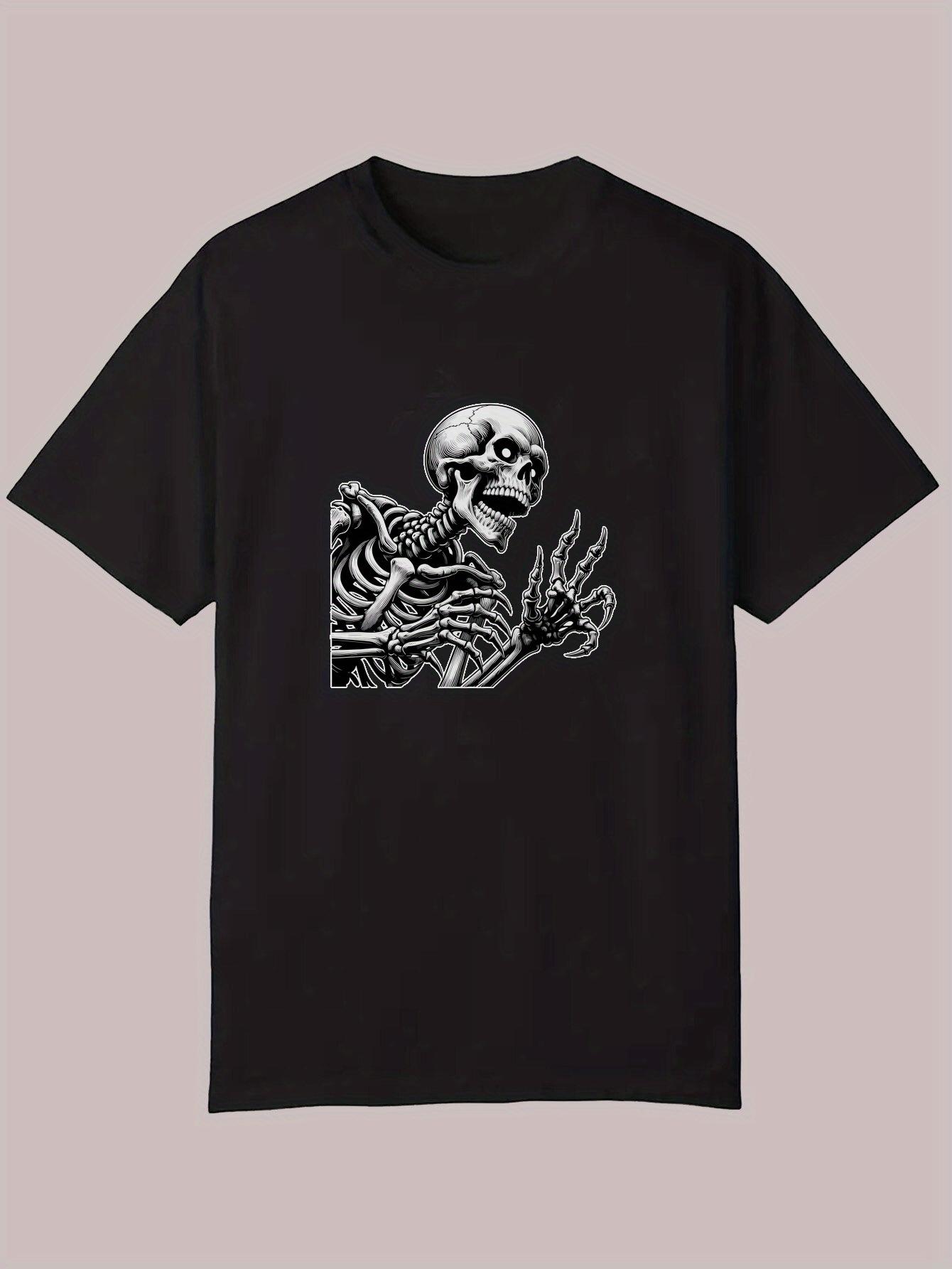 Graphic Skeleton Peace Sign Print T-shirt - Black Casual Summer Short Sleeve Round Neck Tee M