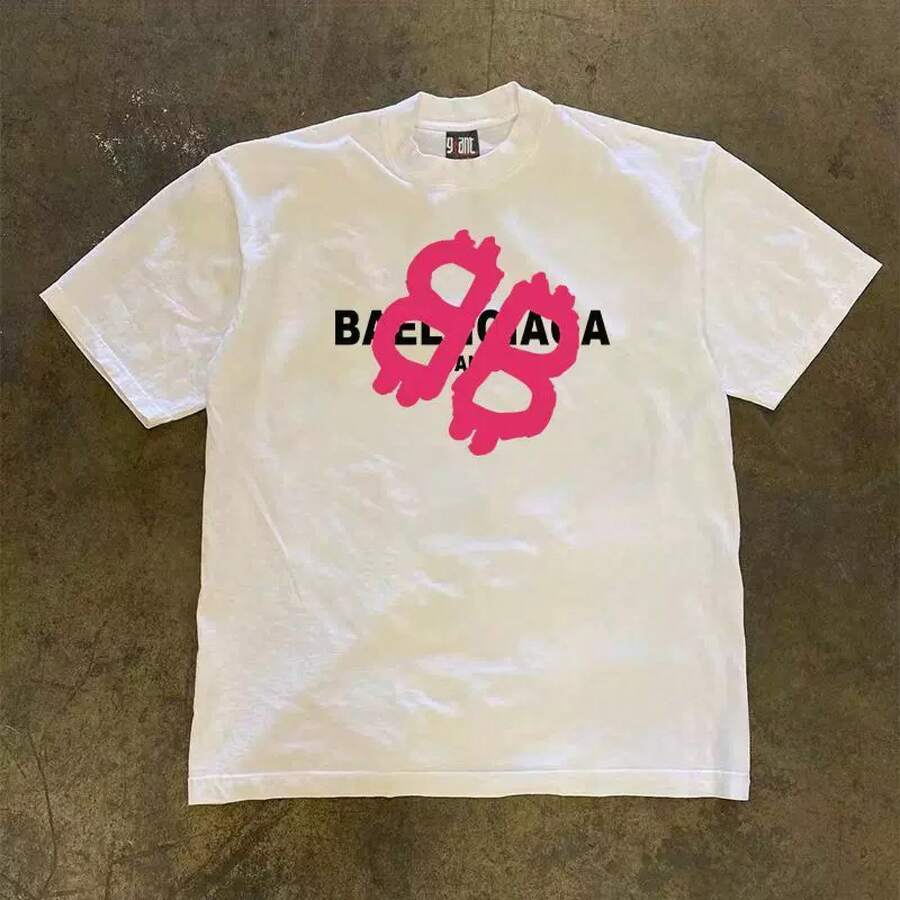 Pink Graphic Tees Unisex -  Balenciag  Text Unisex Shirts L