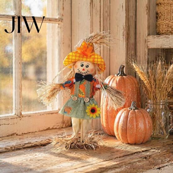 Patio Autumn Theme Decor Standing Fall Scarecrow Decoration, Rustic Halloween Thanksgiving Ornament Garden Statue with Clothes Hat for Harvest
