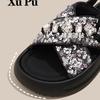 Platform sandals women's shoes 2025 summer new open-toe cross one-word buckle new Chinese sequined Roman beach shoes