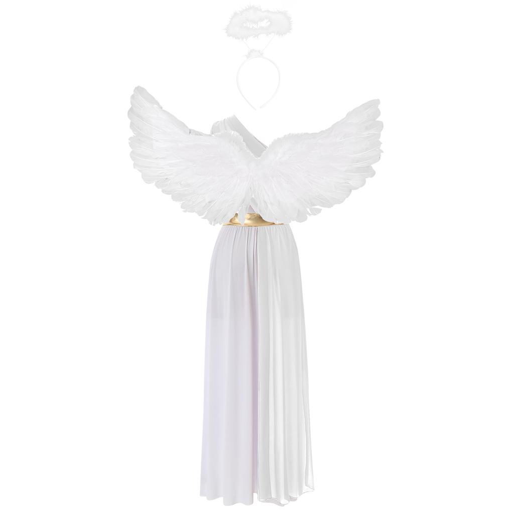 Women Halloween Angel Costume Sleeveless Chiffon Vintage Trim Tunic Dress Feather Angel Wings Headwear Set