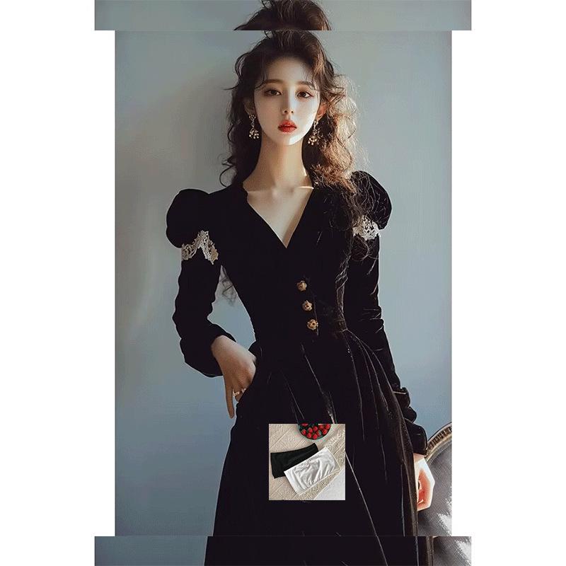 

Вечернее длинное платье из черного бархата в стиле французской осени для женщин - Формальный банкетный стиль S