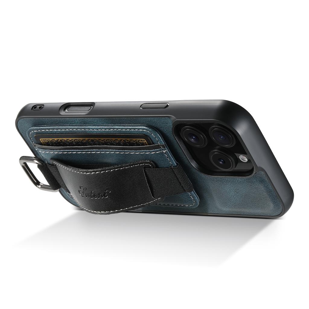 SUTENI H13 For iPhone 16 Pro Max Case Card Holder Wristband Waxy Texture Leather+TPU+PC Cover