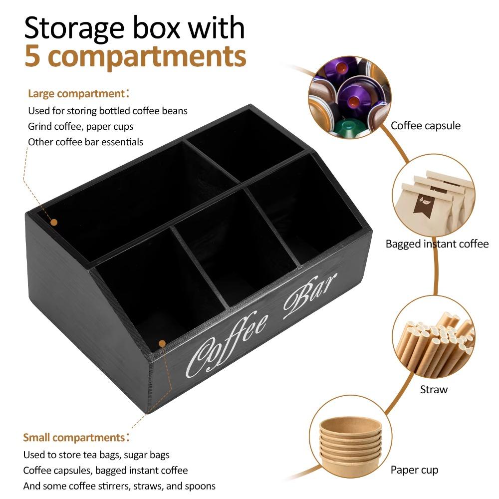 Multi-compartment Countertop Coffee Bar Organizer Wooden Tea Bag Basket Coffee Storage Box  Office