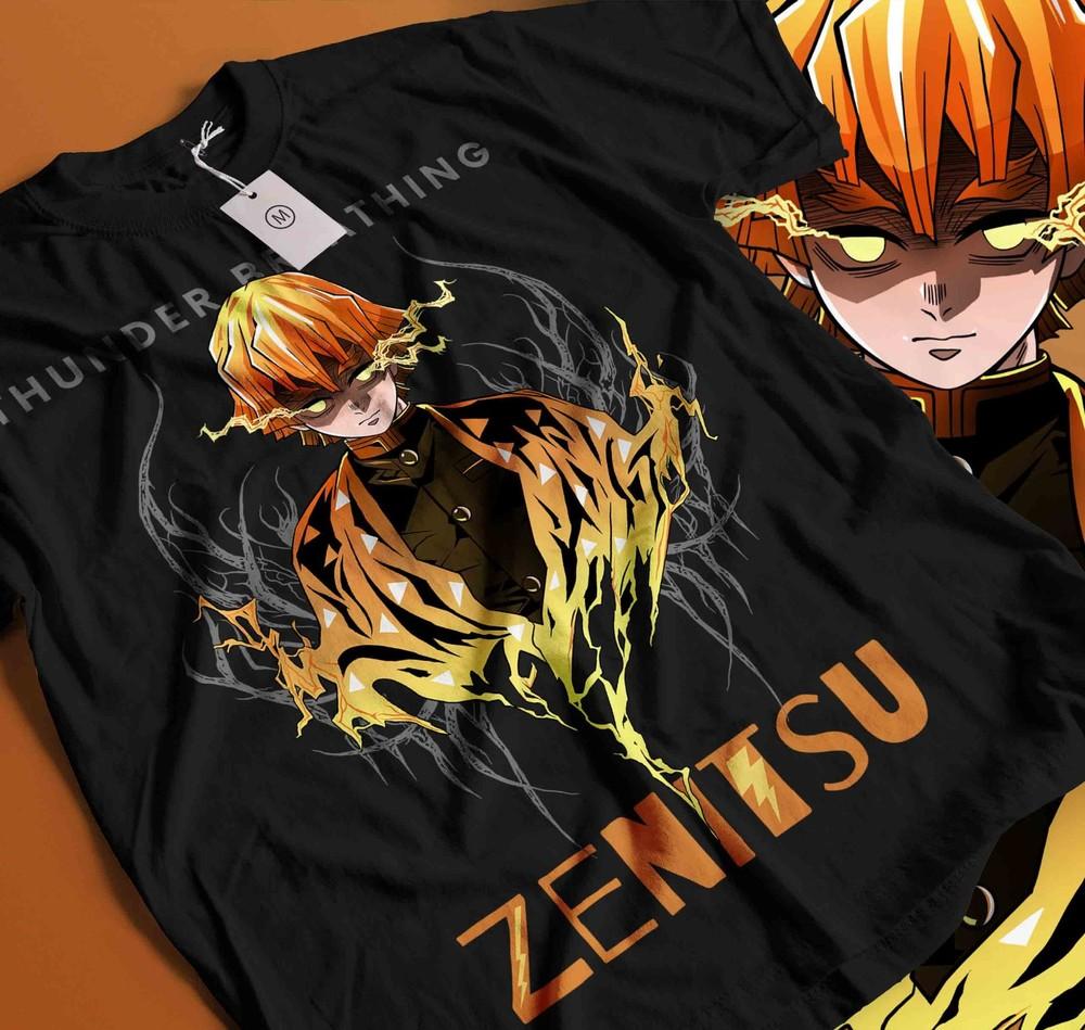 

Agatsuma Zenitsu Shirt Demon Slayer Kimetsu No Yaiba Anime Black Shirt Best 568 4XL