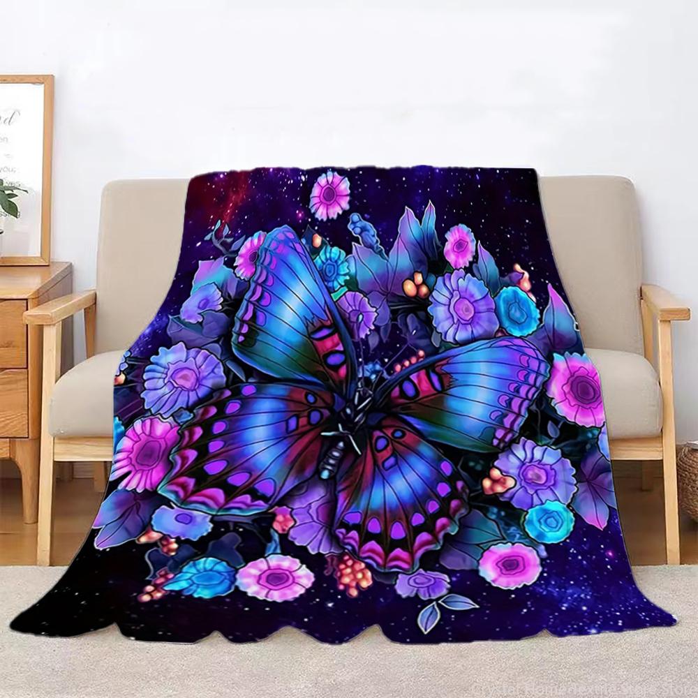 Flannel Butterfly Blanket Purple Floral Digital Printing,Fleece Throw Blanket for Sofa Bed Travel Camping,Office Couch Chair Bed