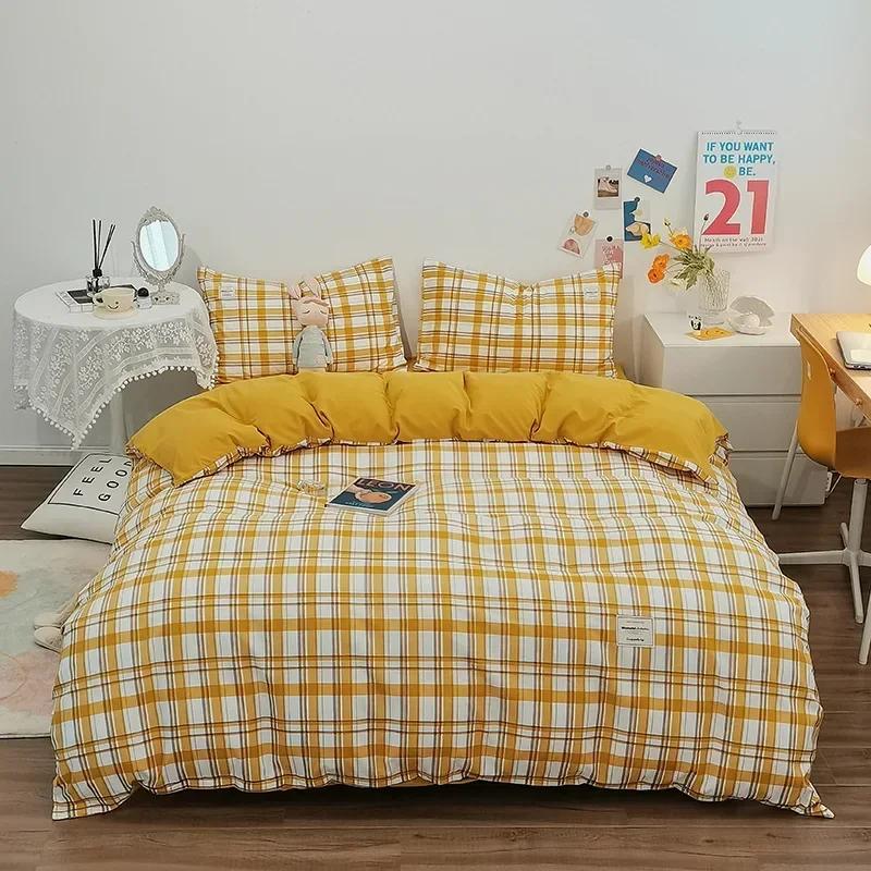 Japanese Grid Printed Washed Bedding Set Skin-Friendly Breathable Quilt Cover Sets for All Seasons Queen King Size Bedclothes