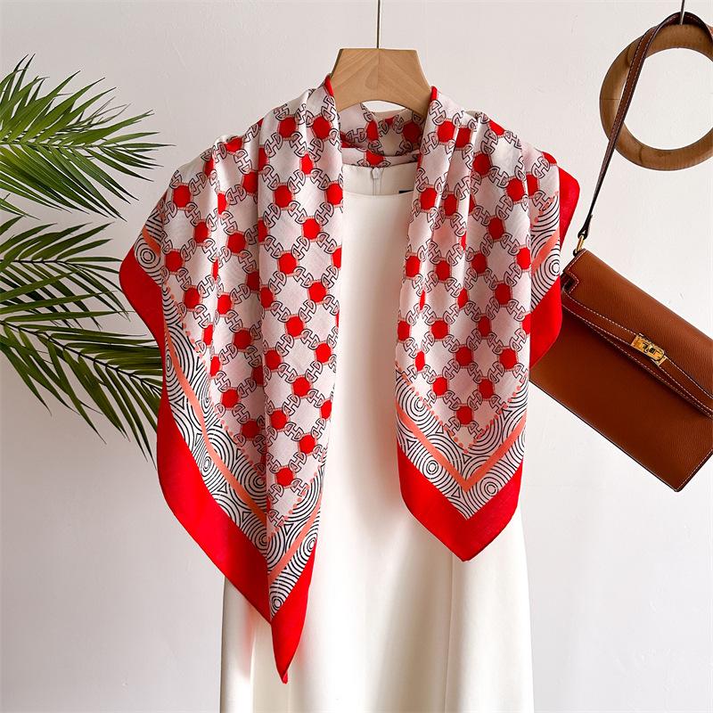 Light Luxury Simple Grid 90 Simulation Silk Large Square Scarf Retro Printed Shawl Versatile Herringbone Scarf Headscarf Women