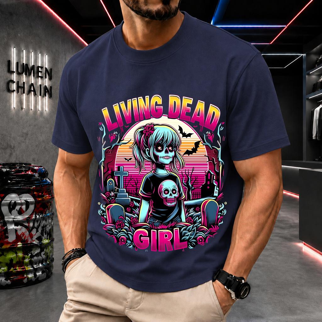 2026 New Pure Cotton Tshirt Living Dead Girl Zombie Neon Print Crew Neck Short Sleeve Street Casual Top