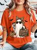 Leopard Boo Jee Ghost Unisexs T Shirt Halloween Coffee Pumpkin Bow Graphic Tee Short Sleeve Casual Holiday Party Ladies Tops
