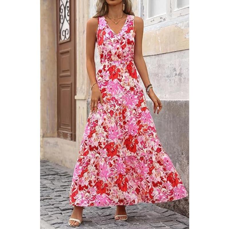 2025 Popular Women's V-neck Elastic Waist Casual Sleeveless Printed Dress