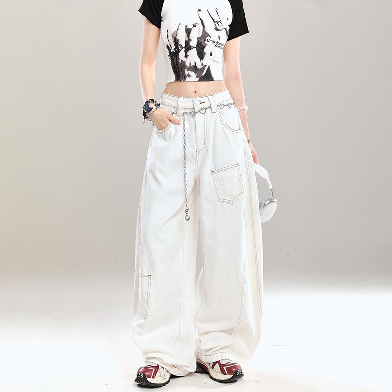 

Осенний уличный стиль хип-хоп джинсы с широкими штанинами женские свободные повседневные модные джинсы с вставками женские брюки S белый
