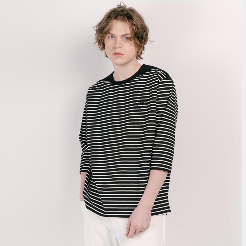CUSTOMUS Contrast Shoulder Yarn-Dyed Stripe 3/4 Sleeve T-Shirt Cxs25Skrt303 Bla