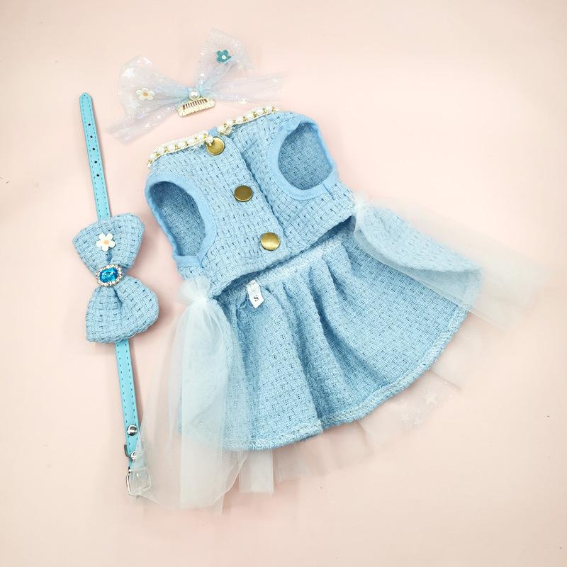 Pet Pink Woolen Dress Coat Princess Mesh Bow Dress Cat Clothing Pet Set Puppy Clothes Autumn/Winter Pink Dresses Puppy