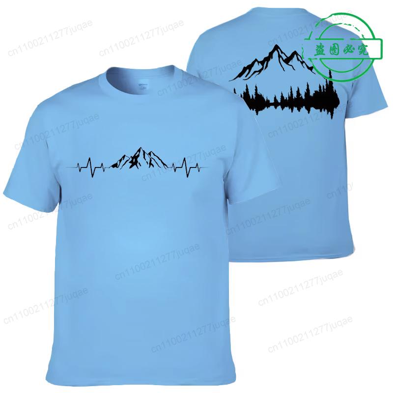 Summer Men's Clothing Casual Loose Tees Mountains and Trees Print Sports O Neck Short Sleeve T-shirt Mountains Heartbeat Tops