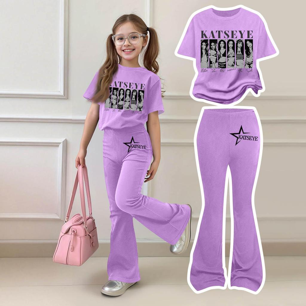 Kids Girls Casual Short Sleeve Printed Outfit Set for Play and Daily Wear