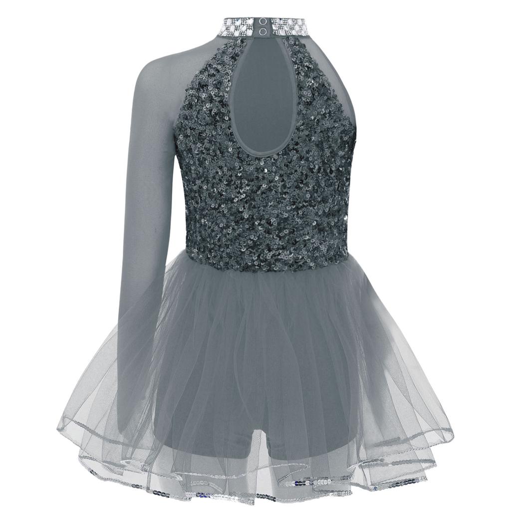 Dívčí taneční overal s třpytivým flitrovým živůtkem a tylovou sukýnkou, leotard s výstřihem klíčovou dírkou na zádech a asymetrickým designem pasu