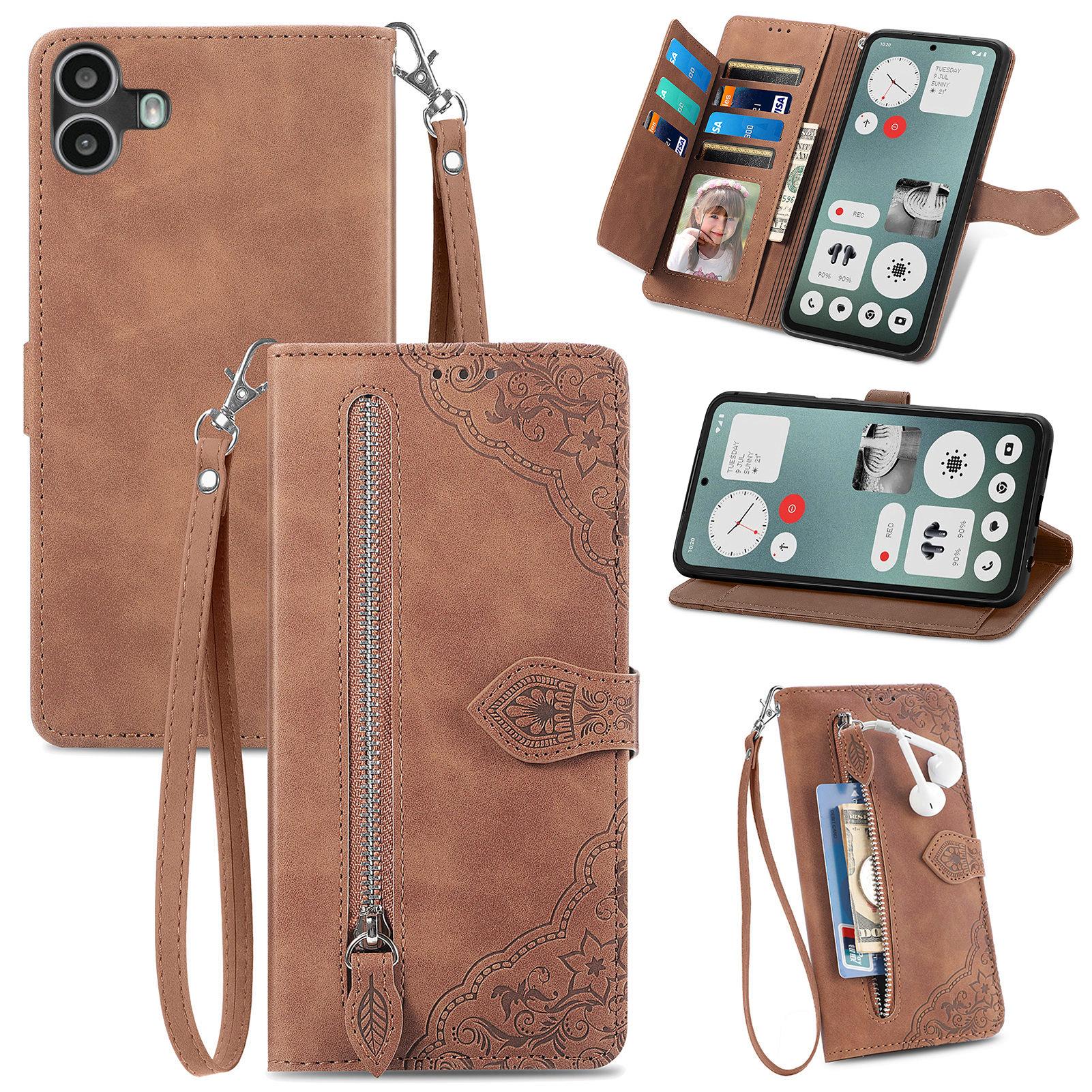 

For Nothing CMF Phone 1 Zipper Wallet Case with Strap Flower Imprint PU Leather Phone Cover Brown