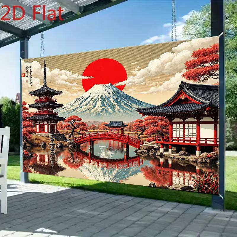 2D Mount Fuji Backdrop, Japanese Temple & Red Bridge Photography Background for Party Decor