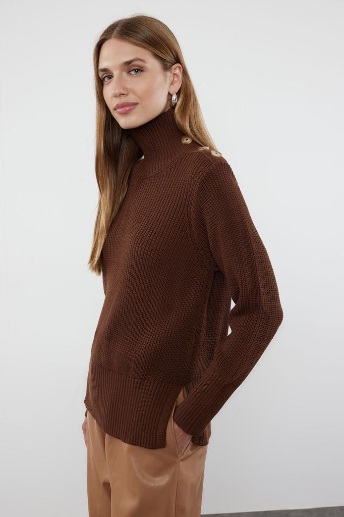 Women's Fashionable Stylish Sweater Navy Blue Collar Button Detailed Knitwear Sweater