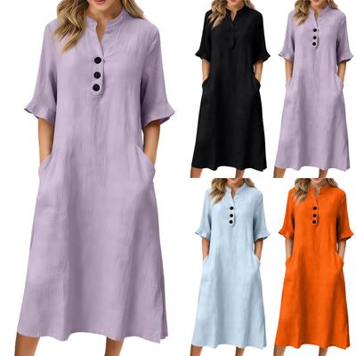 Women's Fashionable Solid Color Stand Up Collar Button Short Sleeved Loose Dress