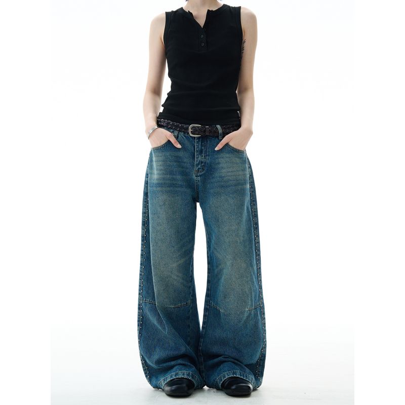 Madwitch American-Style Deconstructed Beaded Washed Denim Pants for Men and Women, Niche Design, Vintage Wide-Leg Pants, Trendy