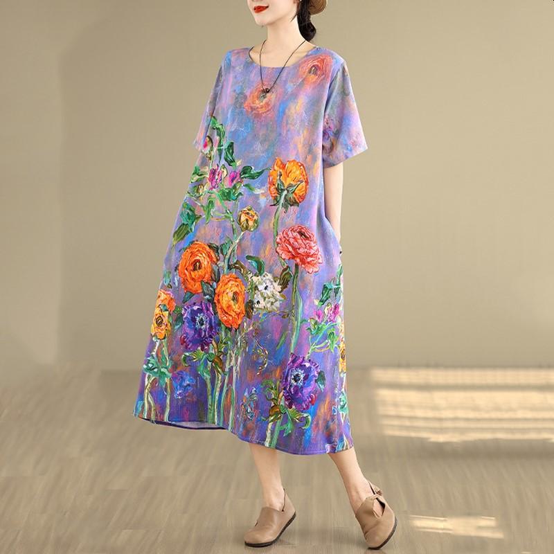 Kurzarm-Übergröße, Vintage-Kleid mit Blumenmuster, neu in Kleidern für Damen, lässig, locker, langes Sommerkleid