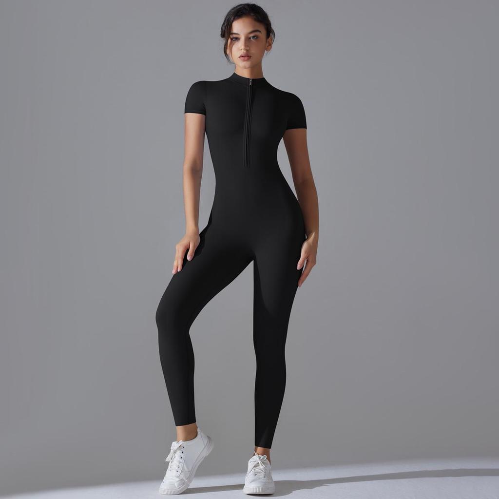 European-American Open-Neck Zipper Jumpsuit: Sexy, Tight-Fitting Short-Sleeve Dance & Yoga Bodysuit for Women