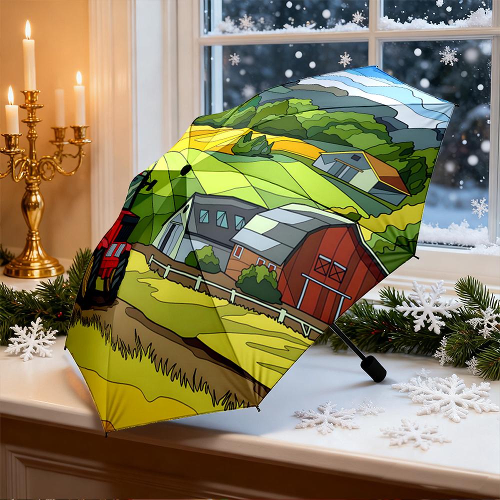 Umbrella with Stained Glass Style Farm Red Tractor Barn Landscape Print, Windproof Travel Umbrella for Adults, Country Gift