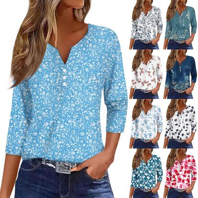 Moda Casual para Mujer Cuello en V Holgado Versátil Estampado Floral Mangas Tres Cuartos