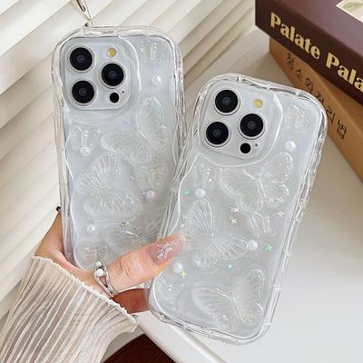 Cute 3D Butterfly Pearl Laser Glitter Case For iPhone 16 15 14 13 12 11 Pro Max Plus Clear Soft Shockproof Lens Protection Cover