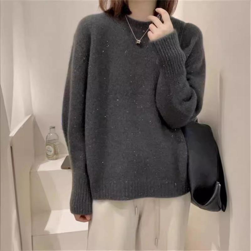 Autumn and winter high-end knitted pullover sweater women's thickened loose crew neck knitted sweater golden silk raccoon velvet