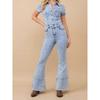 Single Adult Lady Like Woman Domineering Easiest for Match Tall Slim Looking Lapel Wash Denim Speaker Waist Trimming Short-Sleeved One-Piece Pants