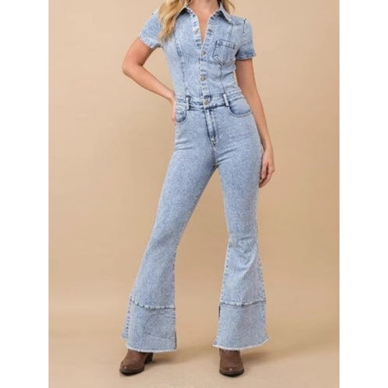 Single Adult Lady Like Woman Domineering Easiest for Match Tall Slim Looking Lapel Wash Denim Speaker Waist Trimming Short-Sleeved One-Piece Pants