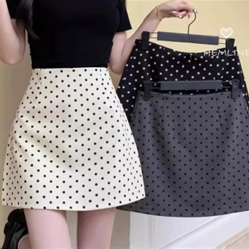 

Apricot Polka Dot High-Waist Midi Skirt for Women - 2024 Autumn A-Line Design M