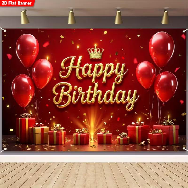 2D Red Gold Confetti Birthday Backdrop Crown Balloon Party Decoration