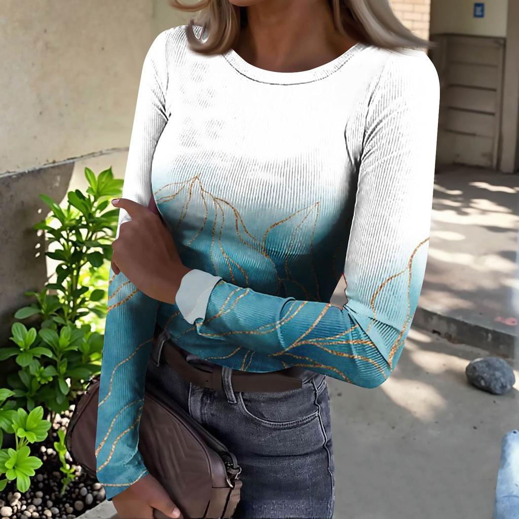 Women's  Slim Bottom T-shirt Fashion Casual Gradient Printing Round Neck Pullover Long Sleeve Top