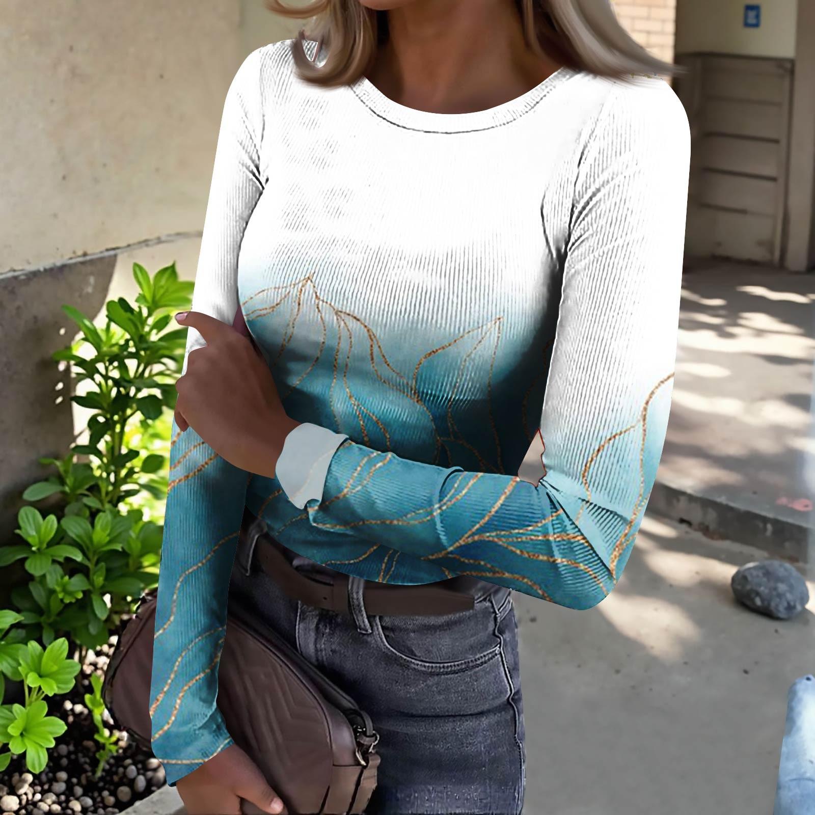 

Женская футболка с облегающим низом, модная повседневная с градиентным принтом, пуловер с круглым вырезом и длинными рукавами XL небесно-голубой