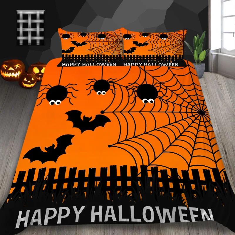 Halloween Pumpkin King Queen Duvet Cover Cartoon Black Cat Bedding Set Kids Girls Orange Pumpkin Lantern Polyester Quilt Cover