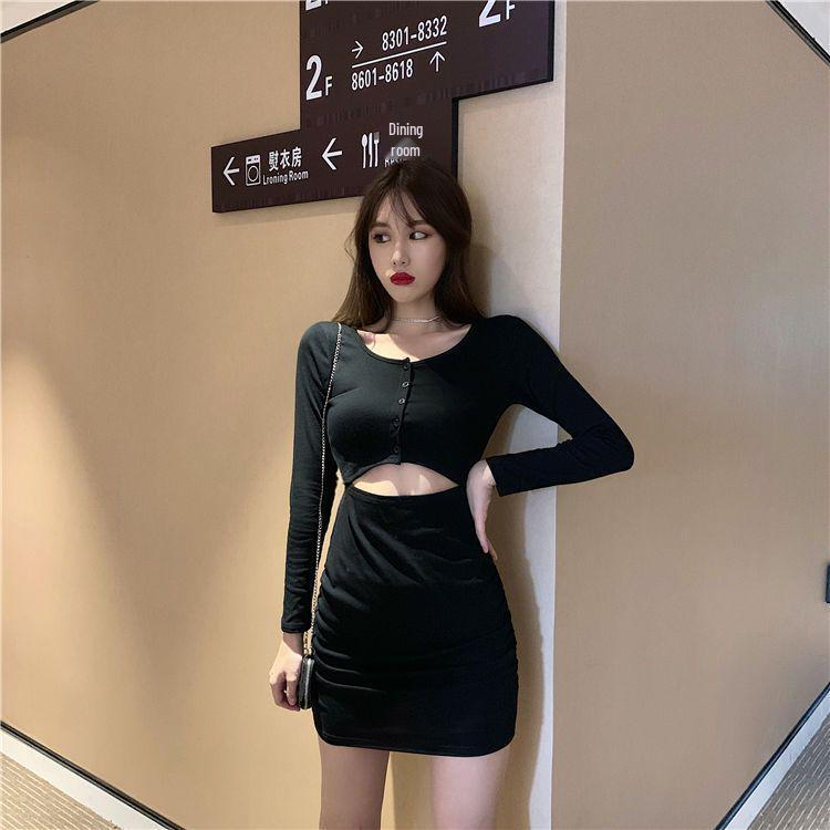 Hong Kong Style Chic Cutout Crop Top & Body-Hugging Long Sleeve Dress