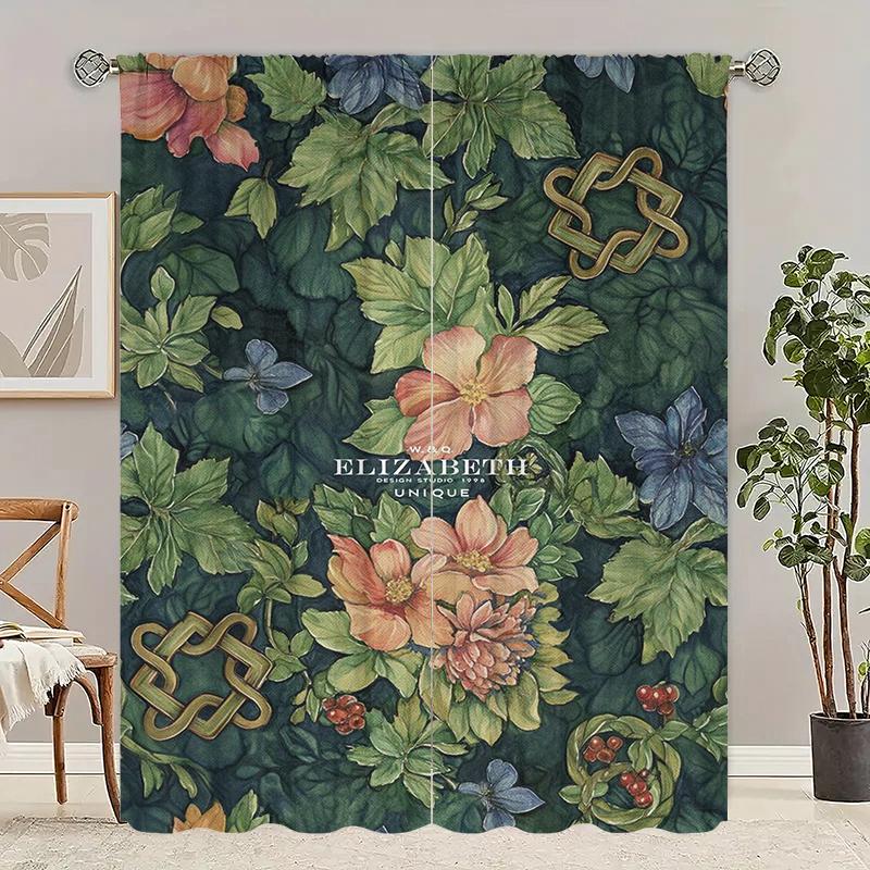 

2pcs- Forest-style peony polyester curtains, 42*84 bag-shaped curtains, bedroom, living room, home room, party decoration 23Wx59L(60x150CM)x2
