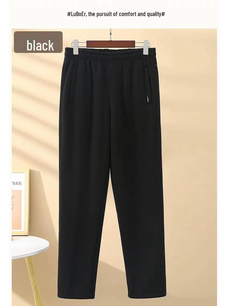 Męskie pluszowe spodnie dresowe z jagnięcej skóry - Pogrubione, o luźnym kroju, zimowe spodnie codzienne dla osób w średnim i starszym wieku.