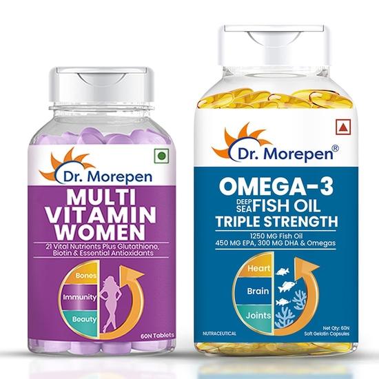 Dr. Morepen Multivitamin Women & Omega 3 Triple Strength with 21 Vital Nutrients Plus Glutathione Biotin, 450 MG EPA, 300 MG DHA