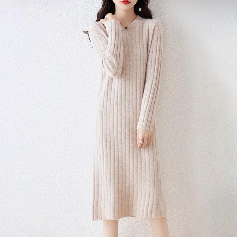Women's Thickened Long Wool Sweater Dress - Round Neck, Slim Fit, Mid-Length, Warm Knitwear for Autumn and Winter
