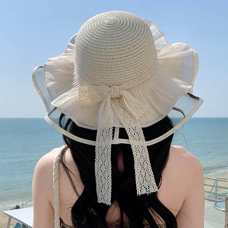 Summer Bow Sun Hat Female, Seaside Beach Vacation Sun Hat Outdoor Big Brim Sun Hat Sweet Straw Hat