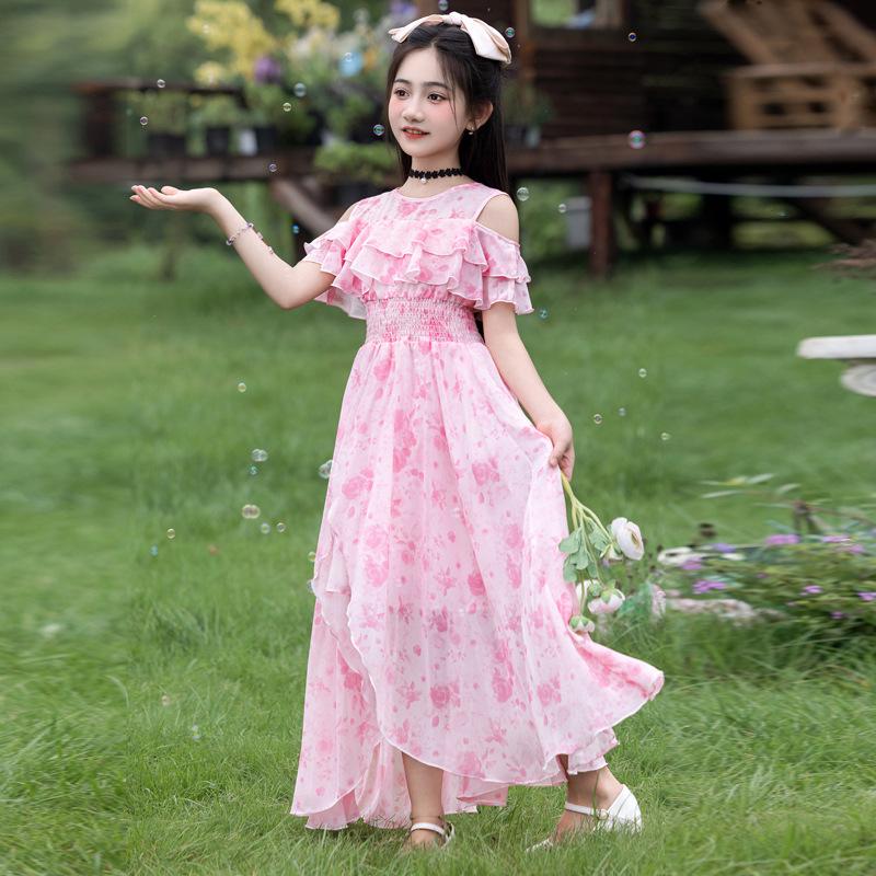 Girls' Summer Chiffon Princess Dress - Floral Beach Skirt