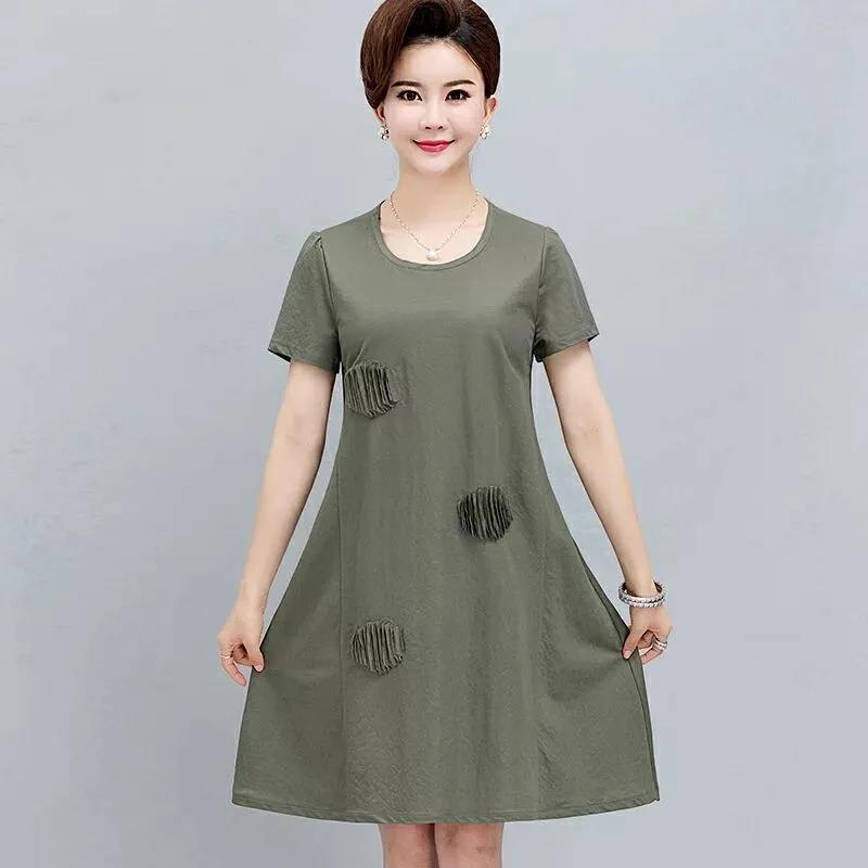 

Свободное женское летнее платье большого размера в простом стиле с коротким рукавом и круглым вырезом, однотонное, длиной до колена, повседневная одежда XL зелёный